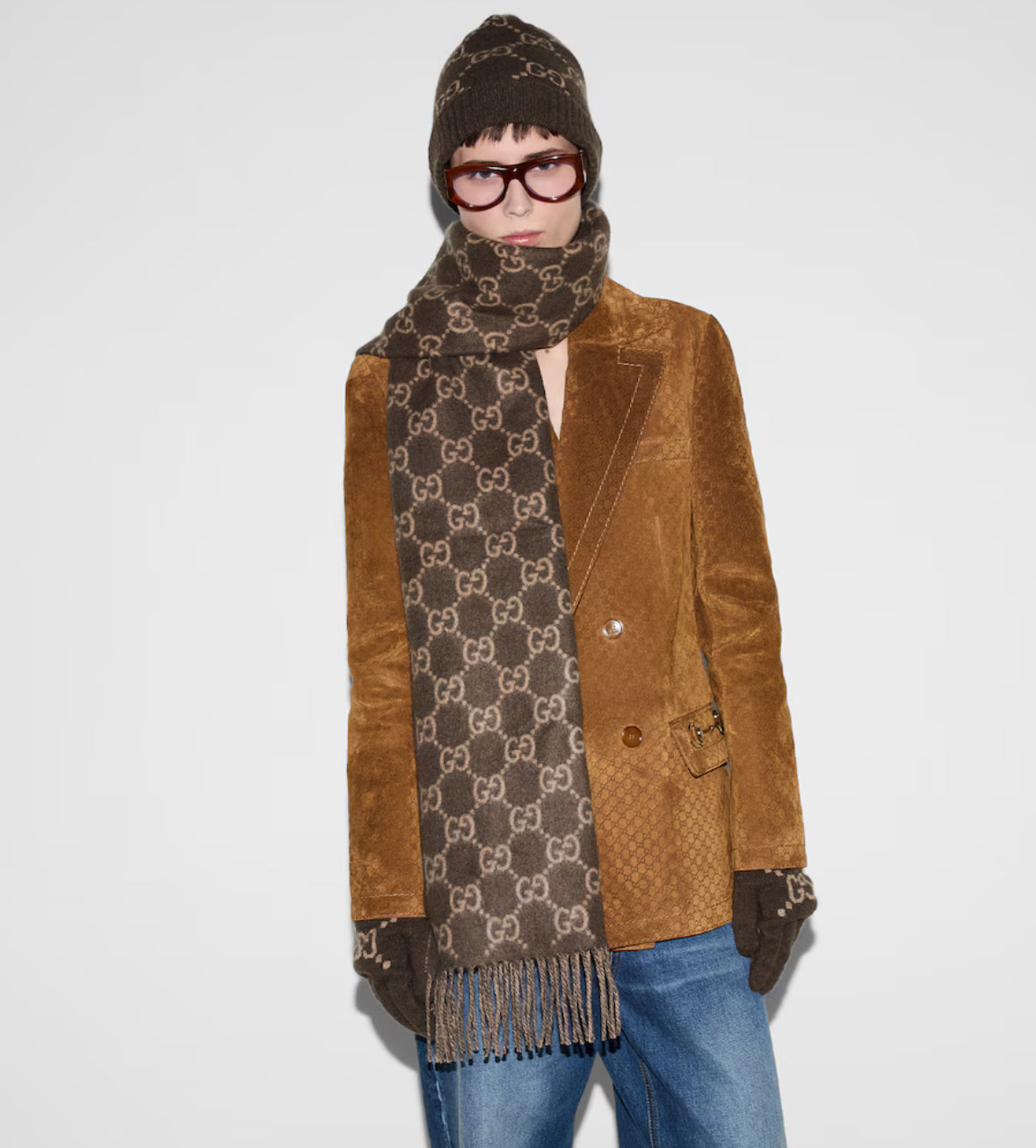 Bonnet et Ăcharpe en jacquard de cachemire GG marron et beige