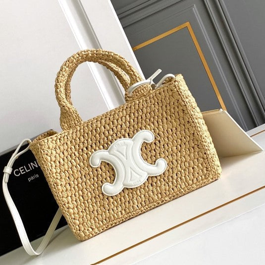 C­eli­ne - Small Cabas Thais Raffia Calfskin Top